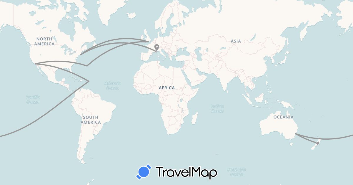 TravelMap itinerary: driving, plane in Australia, Saint Barthélemy, Bermuda, United Kingdom, Monaco, New Zealand, United States (Europe, North America, Oceania)